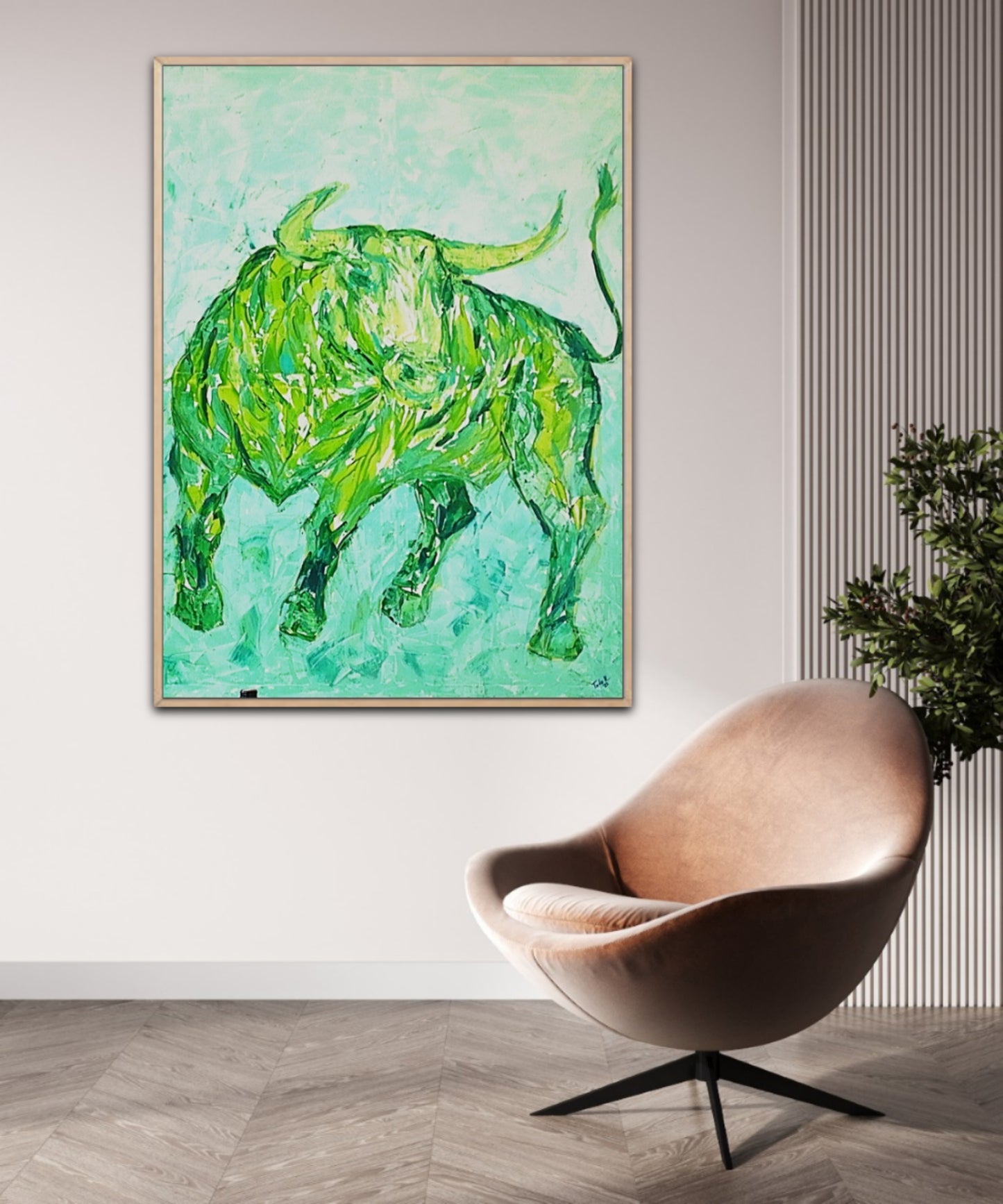 Unique Original Art Painting "Green Taurus" Acrylic Paint On Canvas