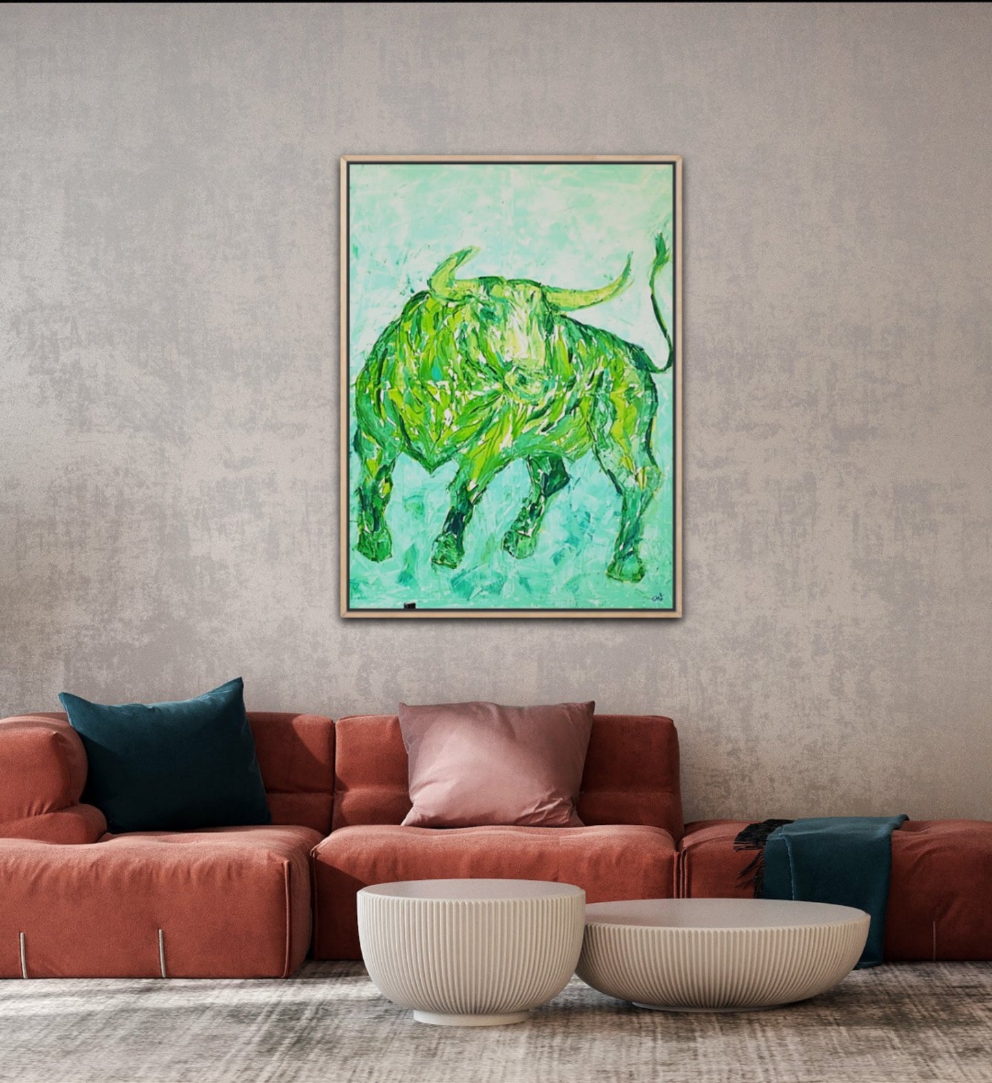 Unique Original Art Painting "Green Taurus" Acrylic Paint On Canvas