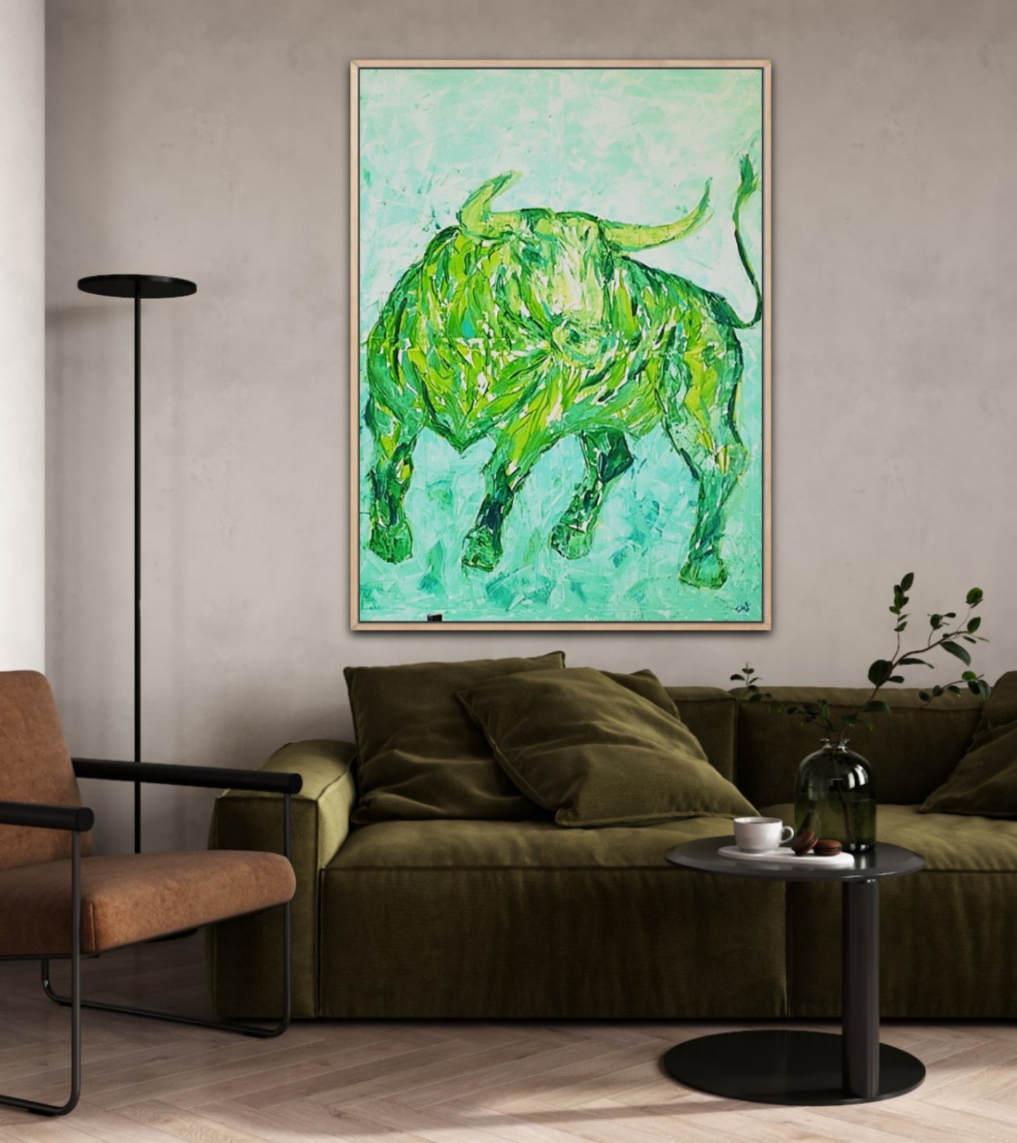 Unique Original Art Painting "Green Taurus" Acrylic Paint On Canvas