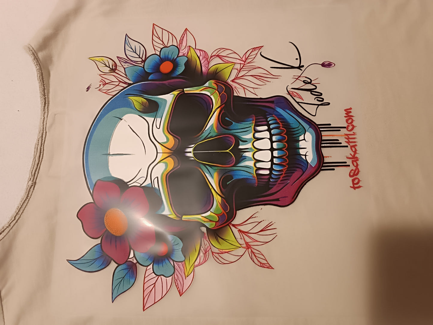 Exclusive Artist-Made Iron-On Transfer – “Floral Skull” – 30 cm × 30 cm Iron-On Transfers for Textiles, T-shirts, Bags and More